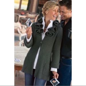 Soft Surroundings Rosette Cardigan Sweater Size Large Olive Green Alpaca Wool
